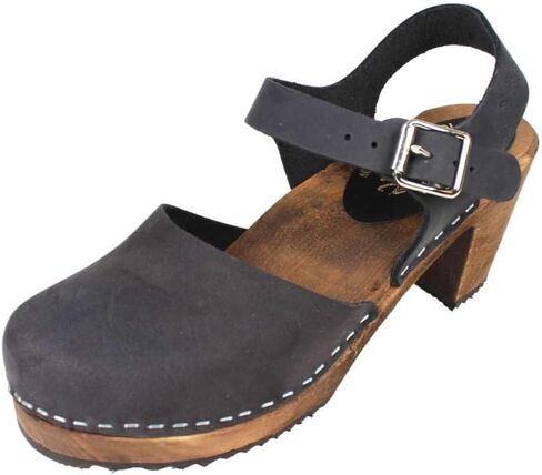 Swedish Highwood High Heel Clog Sandal for Women | Mary Jane Style Wooden Clogs Handcrafted in Sweden | Brown Alder Wood Base and Oiled Nubuck Leather | Black in Saudi Arabia