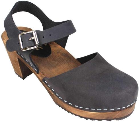 Swedish Highwood High Heel Clog Sandal for Women | Mary Jane Style Wooden Clogs Handcrafted in Sweden | Brown Alder Wood Base and Oiled Nubuck Leather | Black in Saudi Arabia
