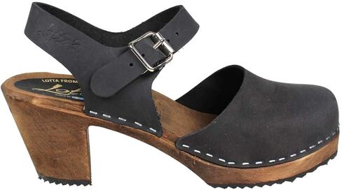 Swedish Highwood High Heel Clog Sandal for Women | Mary Jane Style Wooden Clogs Handcrafted in Sweden | Brown Alder Wood Base and Oiled Nubuck Leather | Black in Saudi Arabia