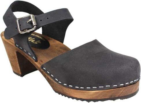 Swedish Highwood High Heel Clog Sandal for Women | Mary Jane Style Wooden Clogs Handcrafted in Sweden | Brown Alder Wood Base and Oiled Nubuck Leather | Black in Saudi Arabia