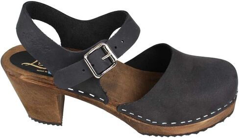 Swedish Highwood High Heel Clog Sandal for Women | Mary Jane Style Wooden Clogs Handcrafted in Sweden | Brown Alder Wood Base and Oiled Nubuck Leather | Black in Saudi Arabia