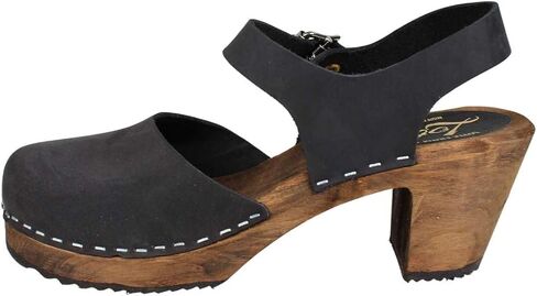 Swedish Highwood High Heel Clog Sandal for Women | Mary Jane Style Wooden Clogs Handcrafted in Sweden | Brown Alder Wood Base and Oiled Nubuck Leather | Black in Saudi Arabia