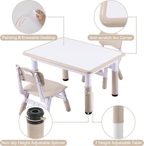 Kids Table and 2 Chairs Set, Height-Adjustable Toddler Table and Chair Set with Graffiti Desktop, 31.5''L x 23.6''W Children Activity Table for Daycare, Classroom, Home in Kuwait