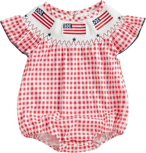 Newborn Baby Girl 4th of July Outfit American Flag Smocked Bubble Romper Fly Sleeve Shirt Top Summer Toddler Clothes in Saudi Arabia