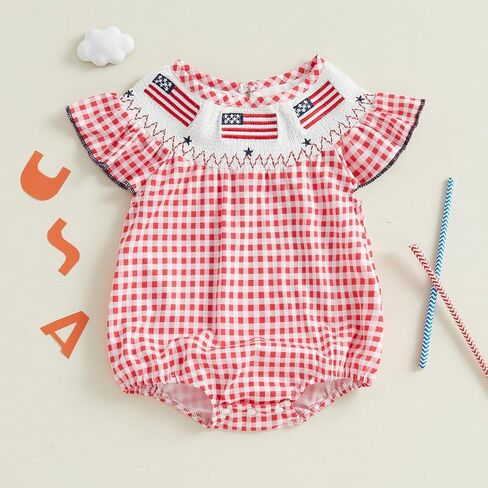 Newborn Baby Girl 4th of July Outfit American Flag Smocked Bubble Romper Fly Sleeve Shirt Top Summer Toddler Clothes in Saudi Arabia