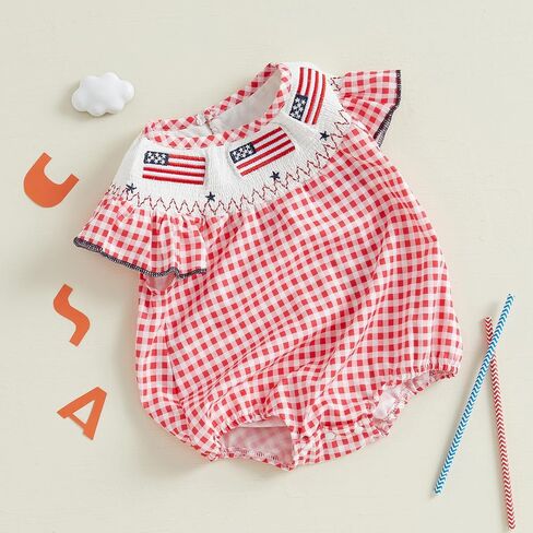 Newborn Baby Girl 4th of July Outfit American Flag Smocked Bubble Romper Fly Sleeve Shirt Top Summer Toddler Clothes in Saudi Arabia
