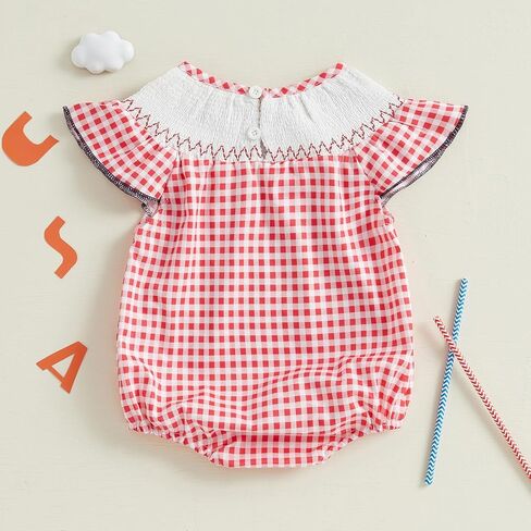 Newborn Baby Girl 4th of July Outfit American Flag Smocked Bubble Romper Fly Sleeve Shirt Top Summer Toddler Clothes in Saudi Arabia