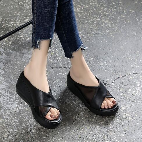 Orthopedic Sandals Summer Comfortable Orthotic Leather Wedges Slides Dressy Platform Heel Arch Support Slip Sandals in Saudi Arabia
