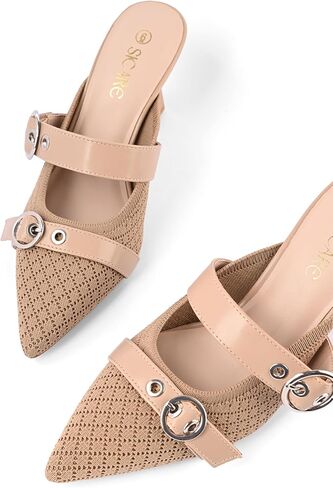 Kitten Heels Pumps for Women Closed Pointed Toe Knit Heeled Sandals Two Buckle Strap Slip-on Mule Sandal Dress Shoes Comfortable in Saudi Arabia