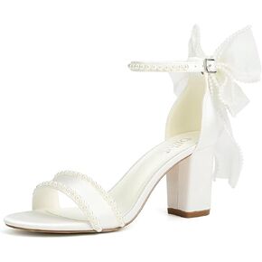 Pearl Heels Wedding Shoes for Bride Block Heel Bridal Shoes Bow Tie Heeled Sandals Wedding Heels