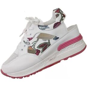 Leaf Embroidered Mesh Wedge Sandals - Women's Comfort Casual Sneakers, Lace Up Thick Soled