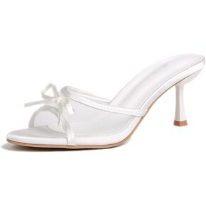 Women's Mesh Bow Fish Mouth Kitten Heel Mules Slide Sandals Comfort Sexy Open toe Slip On Stiletto Backless Dress Slippers for Summer Party Wedding Work
