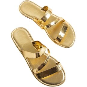 GORGLITTER Women's Metallic Strappy Dressy Flats Open Toe Summer Slip On Slide Sandals