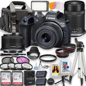 Canon EOS R7 Mirrorless Camera with 18-45mm is STM Lens and RF-S 55-210mm Lens + LED Video Light, 2pc 64GB Memory Cards, Wideangle and Telephoto Lens, Tripod, Case, Filters & More (Renewed)