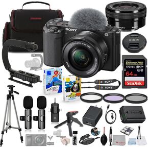 كاميرا Sony ZV-E10 بدون مرآة مع حزمة من 16-50 مم (أسود) + نظام ميكروفون لاسلكي + حزمة الملحقات بما في ذلك الذاكرة المتطرفة 64 جيجابايت ، و U-GRIP ، و Case ، و Tripod ، وبرامج ، وأكثر (30 عنصرًا)