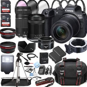 Canon EOS R7 Mirrorless Digital Camera With RF-S 18-150mm, 75-300mm, and 50mm Lenses + 128GB Memory + Case + Tripod + Filters (43pc Bundle) (Renewed)