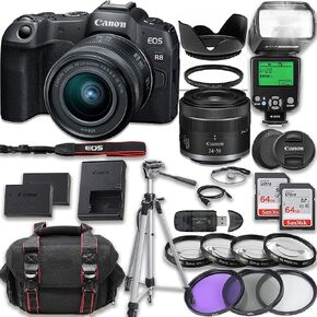 Canon EOS R8 Mirrorless Camera RF 24-50mm f/4.5-6.3 is STM Lens + Accessories Included: 2X 64GB Memory Cards, TTL Flash, Extra Battery, Case, Tripod & More (Renewed)
