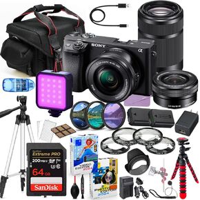 Sony a6400 Mirrorless Camera with 16-50mm & 55-210mm Lens Bundle + Premium Accessory Package Including 64GB Extreme Memory, Filters, Macros, LED, Photo-Video Software & More (36 Pieces)