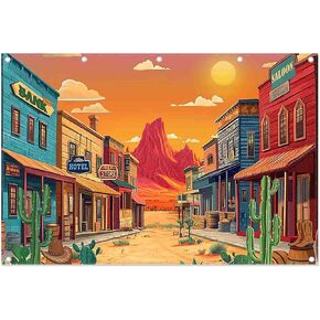 7x5ft Fabric Cartoon Desert Backdrop Western Cowboy Cactus Retro Building Mountain Photography Background School Summer Activities Party Decorations Photo Props