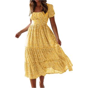 Chiffon Dresses for Women 2025 Summer Casual Short Sleeve Boho Dress Wrap V-Neck Smocked Floral Print Midi Dress