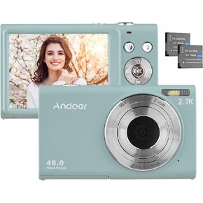 Andoer 2.7K Digital Camera Compact Video Camcorder 48MP Autofocus 2.88 Inch IPS Screen 16X Zoom Anti-Shake Face Detach Smile Capture Built-in LED Fill Light Carrying Bag with Wrist Strap 2 Batteries