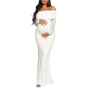 MakeMeChic Women's Maternity Dresses Off The Shoulder Ruched Long Sleeve Pregnancy Maxi Dresses