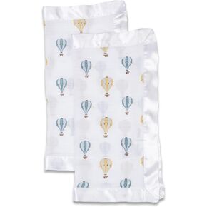 Lulujo Security Lovey Blankets| Unisex Softest Breathable Cotton Muslin Security Blanket with Silky Satin Trim| Neutral Comforting Blanket for Girls & Boys | 16in by 16 in| Hot Air Balloons