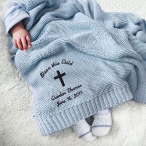 IZI POD Personalized Baby Baptism Knit Blanket, Embroidered Boy Girl Christening Blanket, Custom Name and Date, Baptismal Keepsake, Cotton Knit Stroller Blanket, Gift for Birthday, 3