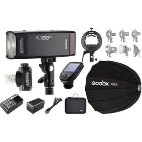 Godox AD200 Pro Strobe Pocket Flash for Sony Camera, 200W TTL 1/8000s HSS with XPro-S Flash Trigger + S2 Bracket Bowens Mount and Godox P90L Softbox, 500 Full Power Flashes, Bare Bulb/Speedlite Fresn