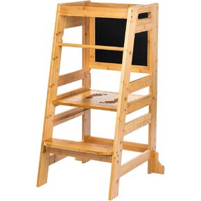 UNICOO Bamboo Adjustable Height Kids Kitchen Step Stool, Toddler Learning Tower & Helper Stool for Bathroom, Kitchen Counter - Designed for Toddler's Growth and Independence (P042-Antique Brown)