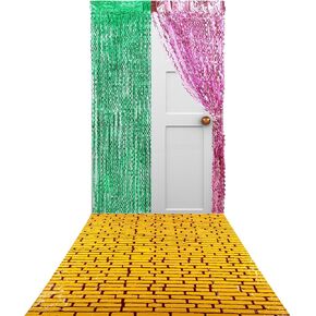 2 Packs Pink and Green Foil Fringe Curtain 3.3 x 6.6 ft Streamers Backdrop Witch Party Decor with 2 Yellow Brick Road Runner Metallic Tinsel Backdrop for Witch Decor Birthday Party