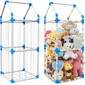 Stuffed Animal Storage Toy Organizer - Stuffed Animal Zoo with Lights - Metal Large Storage Cage for Nursery Playroom Bedroom (Blue Large)