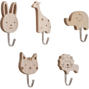 MOROBOR Wooden Animal Hooks, 5pcs Decorative Coat Wall Mounted Hangers Cats, Lions, Rabbits, Giraffes, Elephant Shape Hook for Kids Room Nursery Bedroom Decor