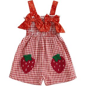 Baby Girls Plaid Shortall Sleeveless Strawberry Embroidery Smocked Romper Jumpsuit with Red Bows Summer Casual Overall