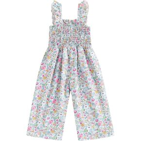 Emmababy Toddler Baby Girl Smocked Jumpsuit Wide Leg Romper Floral Flare Pants Sleeveless Strap Overalls Summer Playsuit