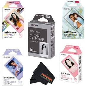 Fujifilm Instax Mini Film Variety Pack – 5 Unique Styles for Instax Cameras (Macaron, Monochrome, Blue Marble, Lavender, Pink Lemonade) – 50 Sheets Total + Bonus Cleaning Cloth...