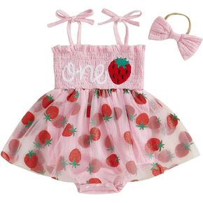 Baby Girl First Birthday Outfit Sleeveless Romper Dress Strawberry Ruffle Tulle Tutu Headband Cake Smash Clothes
