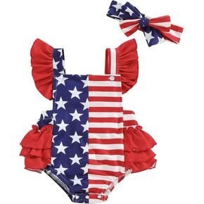 4th Of July Baby Girl Outfits Infant American Flag Sleeveless Backless Ruffle Romper Bodysuit Headband Infant Clothes