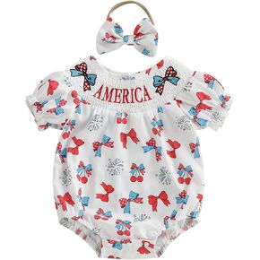 4th Of July Baby Girl Outfits Newborn Bubble Smocked Romper Infant 1st Fourth Of July T Shirt Cute Summer Clothes