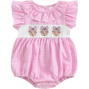 Karuedoo Infant Baby Girl Baseball Outfit Embroidered Plaid Smocked Bubble Romper Ruffle Sleeveless Bodysuit Summer Clothes