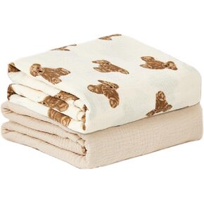 insular Muslin Swaddle Blankets for Boys Girls, 2 Pack Receiving Baby Blanket Large 47 x 47 inches, Soft Breathable Swaddling Wrap for Unisex Newborn (Teddy Bear&Khaki)