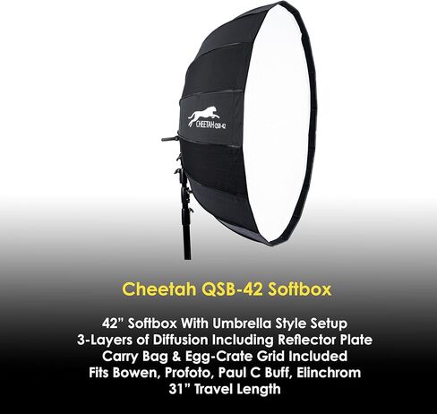 CHEETAH Stand QSB -42 Softbox (Bowens) W/Egg Crate Grid و Skup Sytre -Style Sofbox - متوافق مع Bowens ، Godox ، Profoto ، Alienbees ، Glow ، Elinchrom ، Flashpoint Strobes in Kuwait