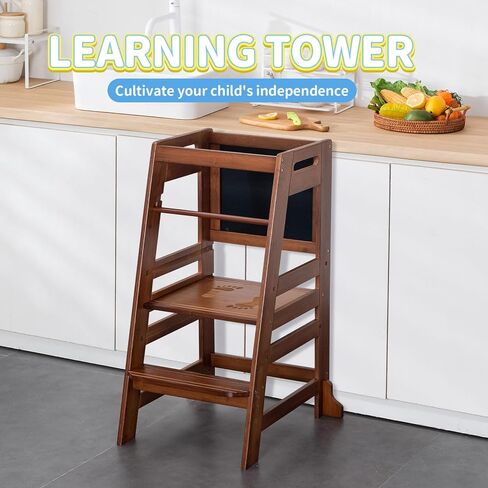 Unicoo Bamboo ارتفاع قابلة للتعديل Kids Kids Strow ، Toddler Learning Tower & Helper Stool للحمام ، عداد المطبخ - مصمم لنمو الأطفال واستقلاله (P042 -Antique Brown) in Kuwait