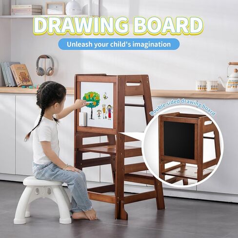 Unicoo Bamboo ارتفاع قابلة للتعديل Kids Kids Strow ، Toddler Learning Tower & Helper Stool للحمام ، عداد المطبخ - مصمم لنمو الأطفال واستقلاله (P042 -Antique Brown) in Kuwait