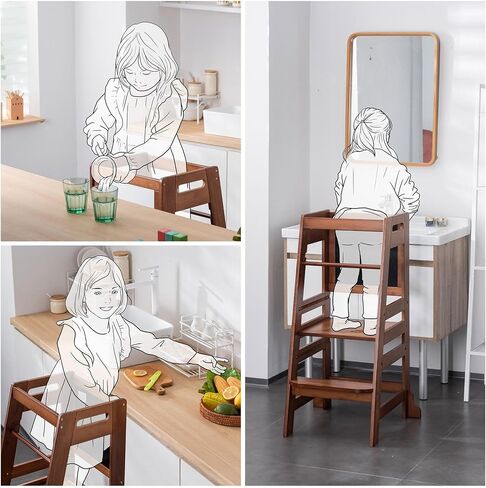 Unicoo Bamboo ارتفاع قابلة للتعديل Kids Kids Strow ، Toddler Learning Tower & Helper Stool للحمام ، عداد المطبخ - مصمم لنمو الأطفال واستقلاله (P042 -Antique Brown) in Kuwait
