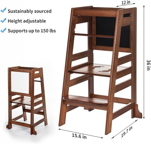 Unicoo Bamboo ارتفاع قابلة للتعديل Kids Kids Strow ، Toddler Learning Tower & Helper Stool للحمام ، عداد المطبخ - مصمم لنمو الأطفال واستقلاله (P042 -Antique Brown) in Kuwait