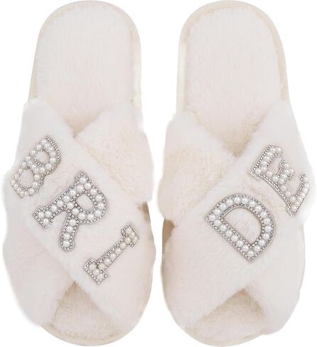 Bride Slippers for Wedding Day, Bride To Be Bridal Shower Gift for Women Bridesmaids, Personalized BRIDE Pearl Letter Open Toe Fuzzy Flip Flops, Getting Ready Outfit, Bachelorette Party in Saudi Arabia