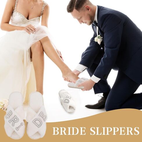 Bride Slippers for Wedding Day, Bride To Be Bridal Shower Gift for Women Bridesmaids, Personalized BRIDE Pearl Letter Open Toe Fuzzy Flip Flops, Getting Ready Outfit, Bachelorette Party in Saudi Arabia