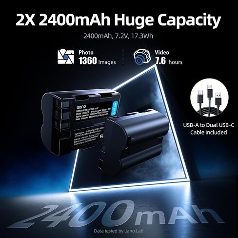 llano USB-C EN-EL3E Battery for Nikon D700 D70S D80 D90 D200 D70 D50 D100 D300S D300 Cameras, 2400mAh Huge Capacity, Fully decoded, 2.8Hrs Full Charged, Black (2 Pack) in Saudi Arabia