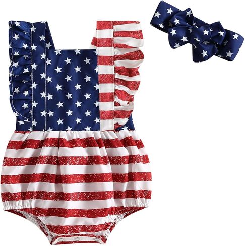 4th Of July Baby Girl Outfits Infant American Flag Sleeveless Backless Ruffle Romper Bodysuit Headband Infant Clothes in Saudi Arabia